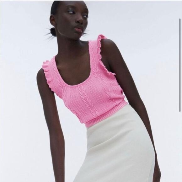 Zara Pink Ribbed Knit Ruffle Tank Top - Picture 2 of 4